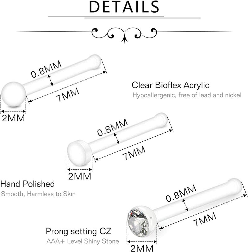 D.Bella 18G 20G Clear Nose Studs Acrylic L Shape Nose Rings Bioflex Bone Pin Straight Nose Studs Flexible Nose Piercing Retainer Flat Top for Men Women - Image 3